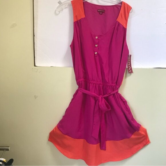MERONA NEW Sleeveless A-Line Color Block Dress Dress Elastic Waist Crew Button L - Picture 2 of 16